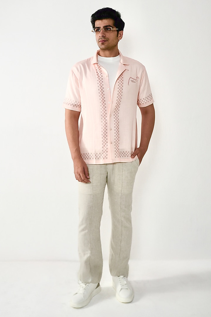 Peach Linen Tencel Printed Summer Shirt by Raw & Rustic by Niti Bothra Men at Pernia's Pop Up Shop