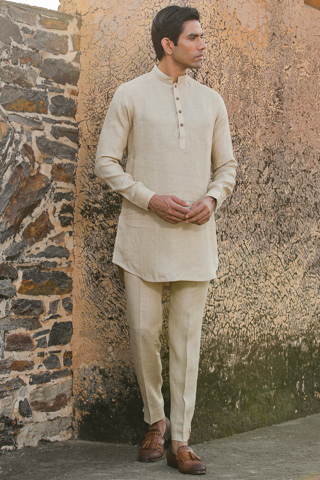 Beige Pure Linen Pants by Raw & Rustic by Niti Bothra Men at Pernia's Pop Up Shop