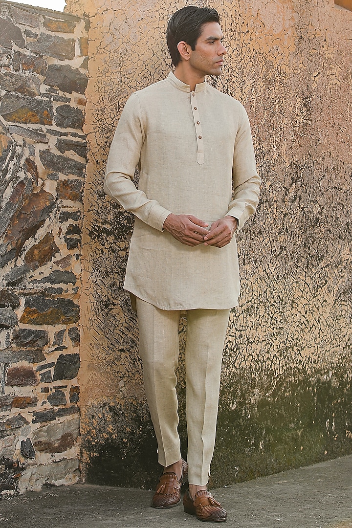 Beige Pure Linen Pants by Raw & Rustic by Niti Bothra Men at Pernia's Pop Up Shop