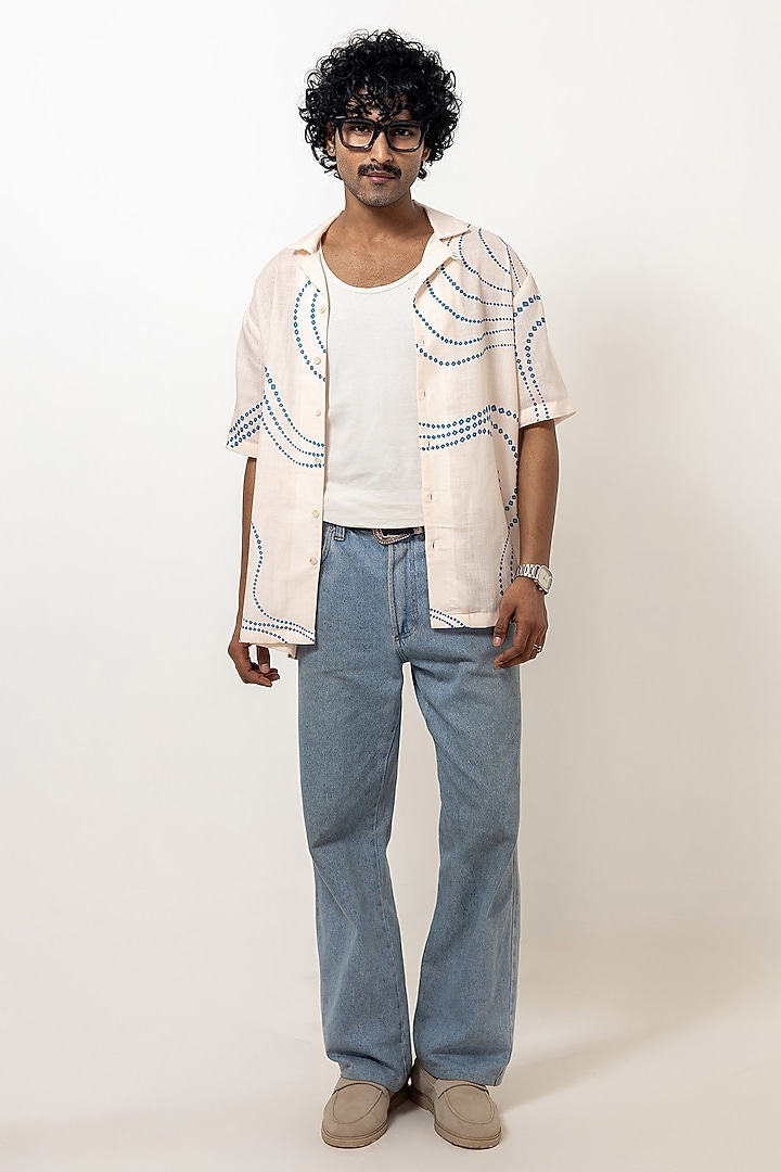 Ivory Linen Tencel Bandhani Summer Shirt by Raw & Rustic by Niti Bothra Men at Pernia's Pop Up Shop
