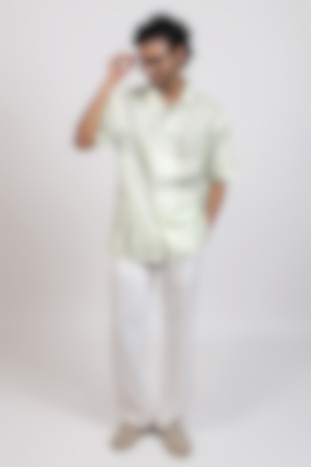 Green Linen Tencel Bandhani Summer Shirt by Raw & Rustic by Niti Bothra Men at Pernia's Pop Up Shop