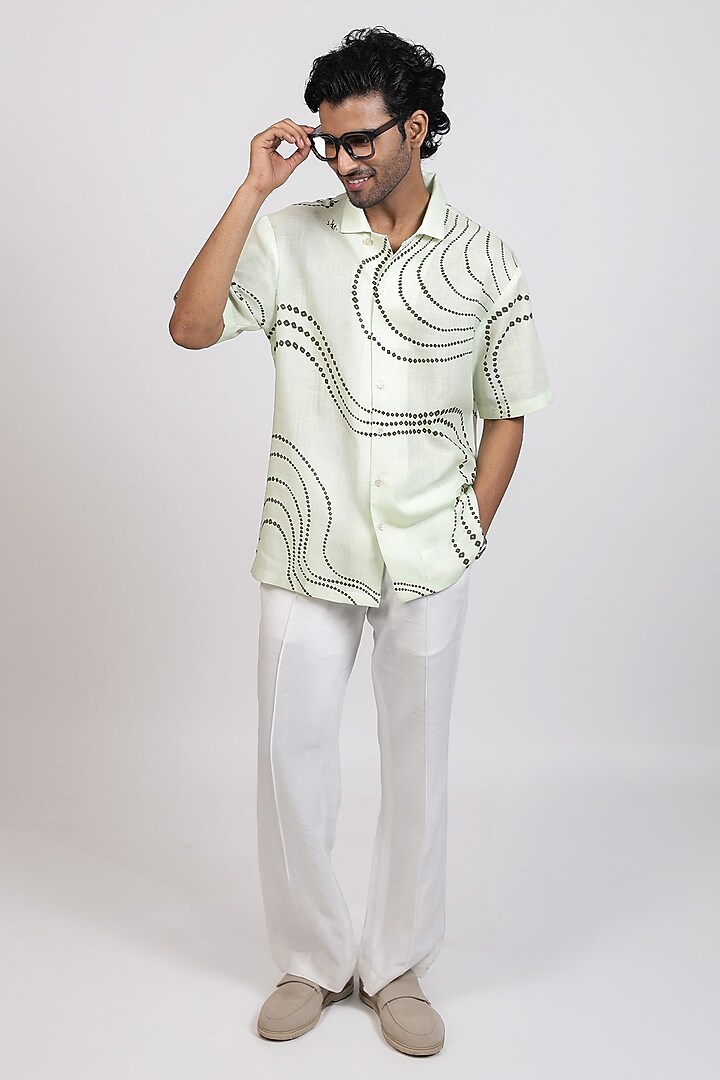 Green Linen Tencel Bandhani Summer Shirt by Raw & Rustic by Niti Bothra Men at Pernia's Pop Up Shop