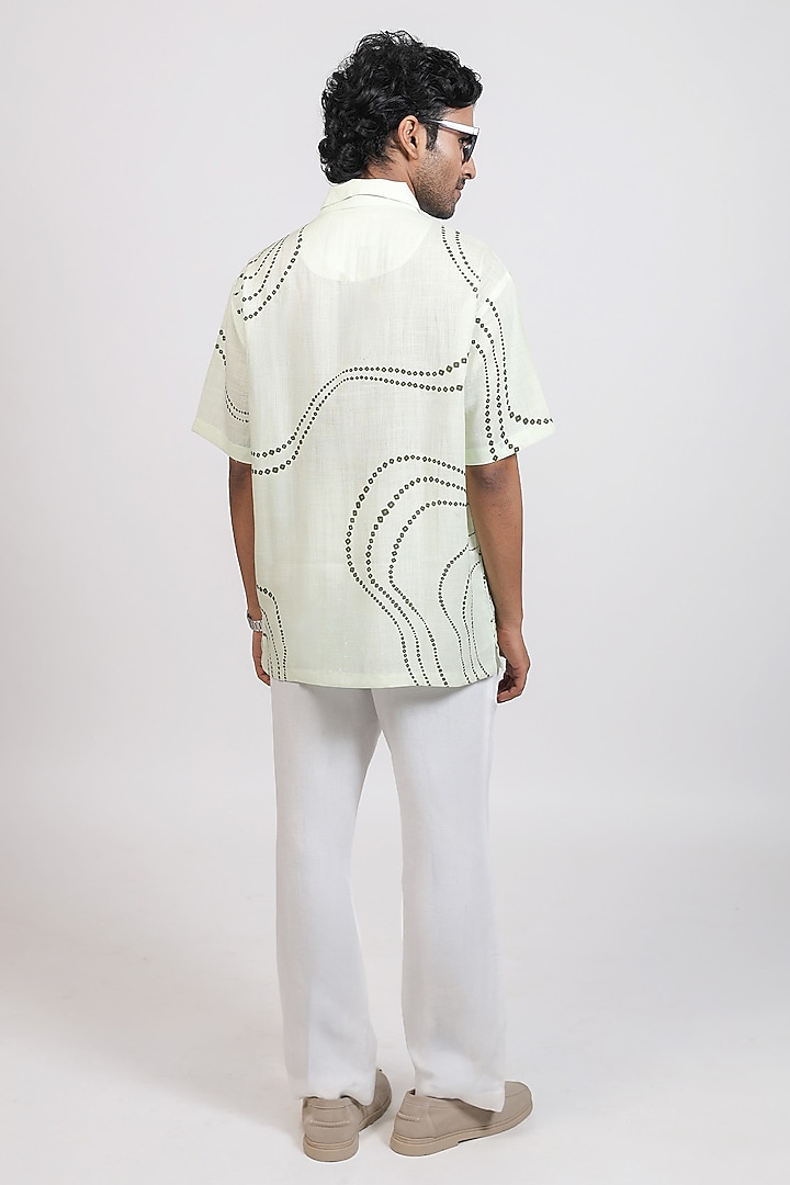Green Linen Tencel Bandhani Summer Shirt by Raw & Rustic by Niti Bothra Men at Pernia's Pop Up Shop