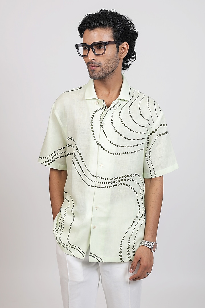Green Linen Tencel Bandhani Summer Shirt by Raw & Rustic by Niti Bothra Men at Pernia's Pop Up Shop