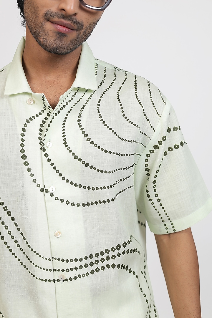 Green Linen Tencel Bandhani Summer Shirt by Raw & Rustic by Niti Bothra Men at Pernia's Pop Up Shop