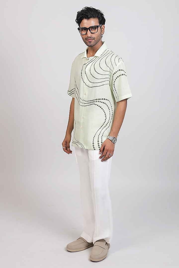 Green Linen Tencel Bandhani Summer Shirt by Raw & Rustic by Niti Bothra Men at Pernia's Pop Up Shop