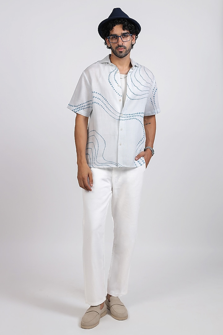Light Blue Linen Tencel Bandhani Summer Shirt by Raw & Rustic by Niti Bothra Men at Pernia's Pop Up Shop
