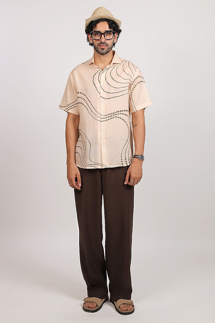 Beige Linen Tencel Bandhani Summer Shirt by Raw & Rustic by Niti Bothra Men at Pernia's Pop Up Shop