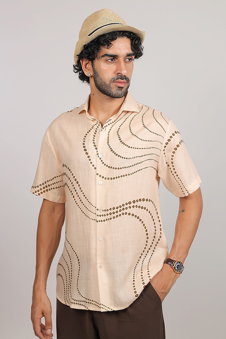 Beige Linen Tencel Bandhani Summer Shirt by Raw & Rustic by Niti Bothra Men at Pernia's Pop Up Shop