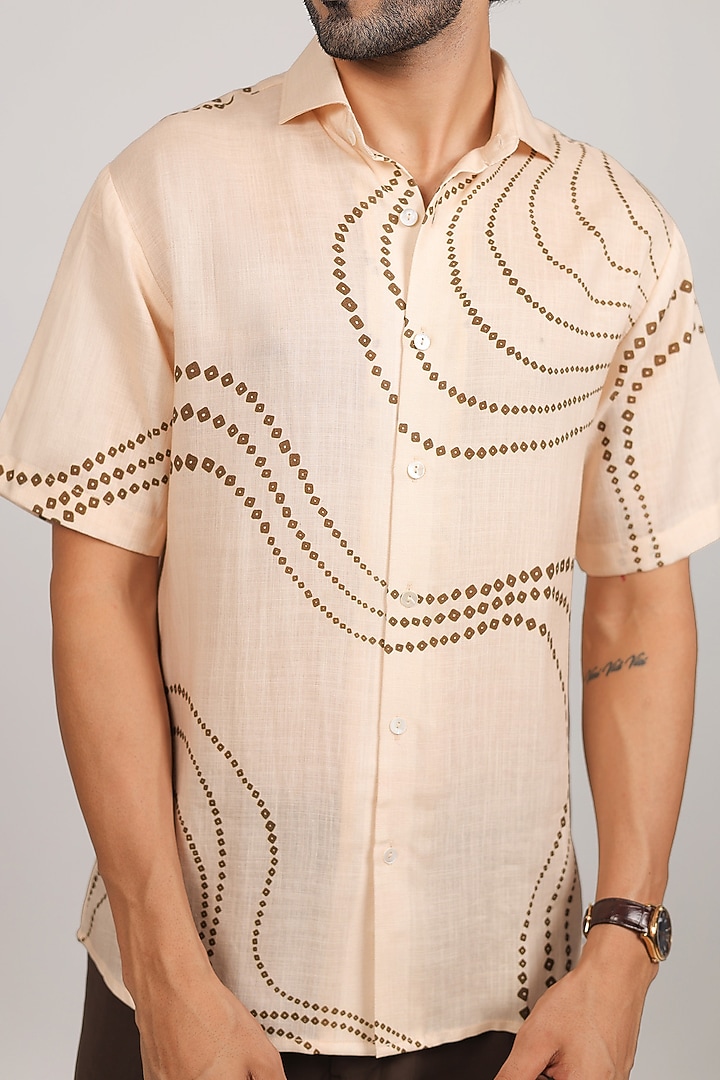 Beige Linen Tencel Bandhani Summer Shirt by Raw & Rustic by Niti Bothra Men at Pernia's Pop Up Shop
