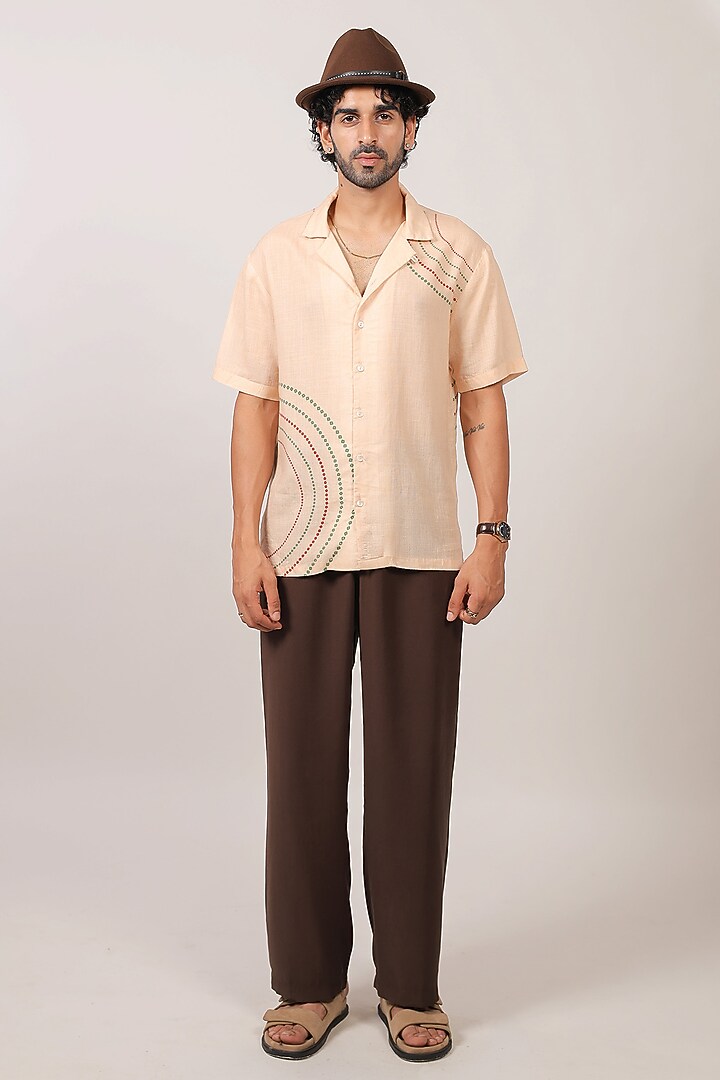 Beige Linen Tencel Bandhani Summer Shirt by Raw & Rustic by Niti Bothra Men at Pernia's Pop Up Shop
