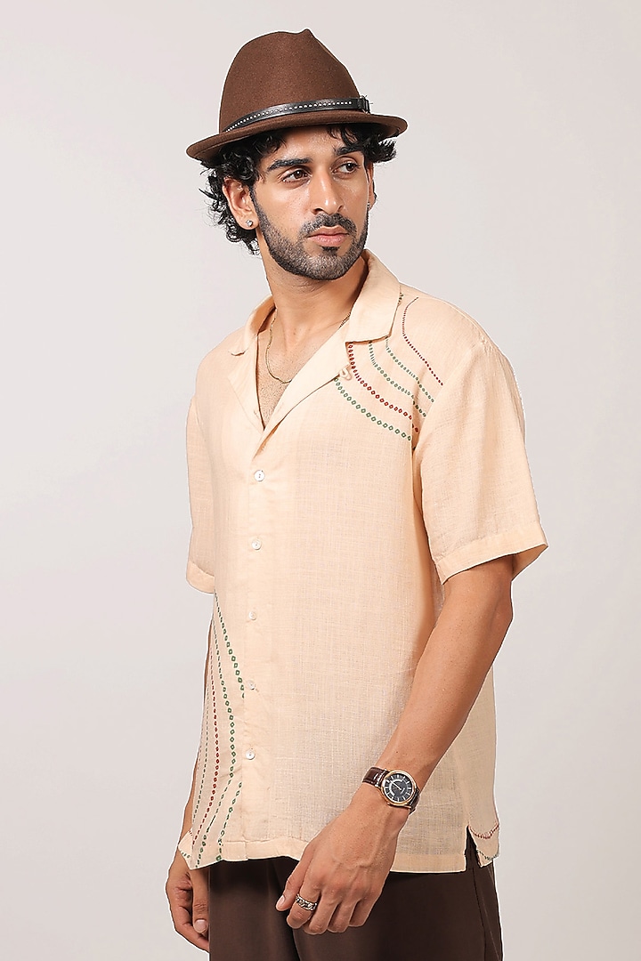 Beige Linen Tencel Bandhani Summer Shirt by Raw & Rustic by Niti Bothra Men at Pernia's Pop Up Shop