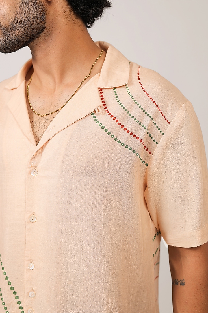 Beige Linen Tencel Bandhani Summer Shirt by Raw & Rustic by Niti Bothra Men at Pernia's Pop Up Shop
