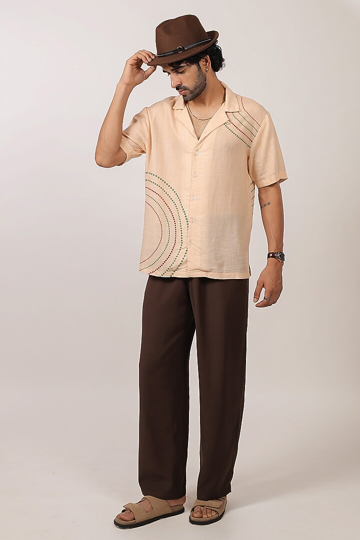 Beige Linen Tencel Bandhani Summer Shirt by Raw & Rustic by Niti Bothra Men at Pernia's Pop Up Shop