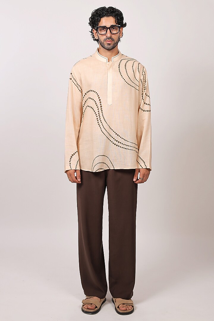 Beige Linen Tencel Bandhani Kurta Shirt by Raw & Rustic by Niti Bothra Men at Pernia's Pop Up Shop