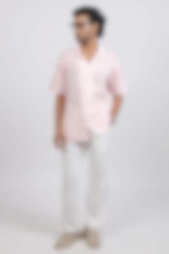 Pink Linen Tencel Bandhani Summer Shirt by Raw & Rustic by Niti Bothra Men at Pernia's Pop Up Shop