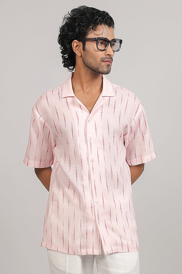 Pink Linen Tencel Bandhani Summer Shirt by Raw & Rustic by Niti Bothra Men at Pernia's Pop Up Shop