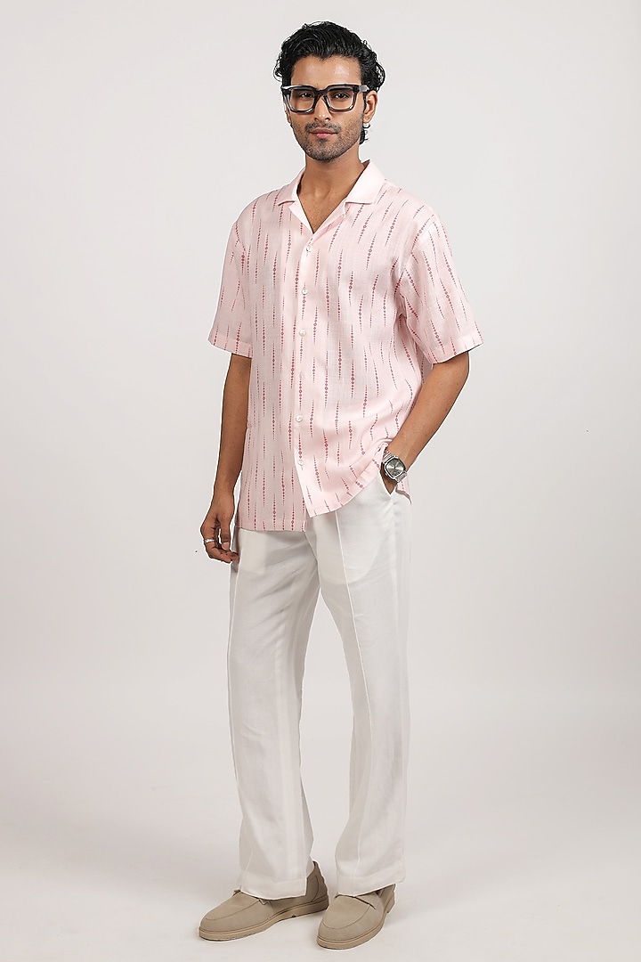 Pink Linen Tencel Bandhani Summer Shirt by Raw & Rustic by Niti Bothra Men at Pernia's Pop Up Shop