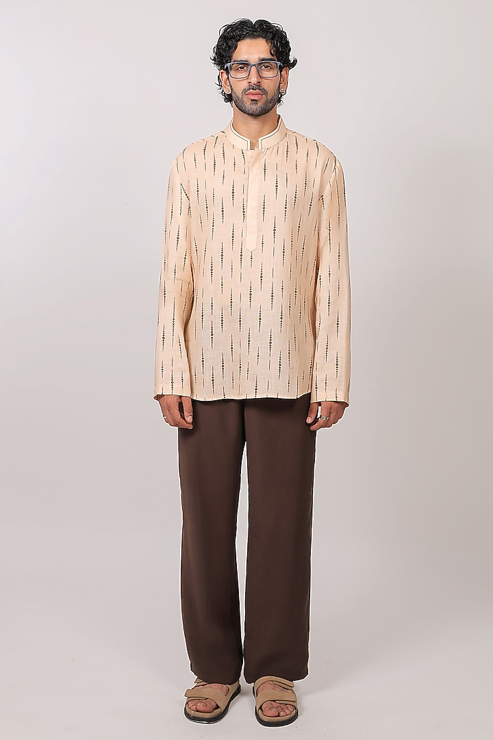 Beige Linen Tencel Bandhani Summer Shirt by Raw & Rustic by Niti Bothra Men at Pernia's Pop Up Shop