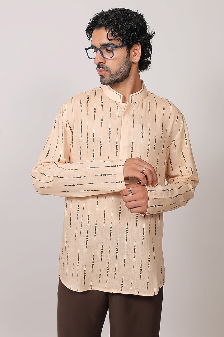 Beige Linen Tencel Bandhani Summer Shirt by Raw & Rustic by Niti Bothra Men at Pernia's Pop Up Shop