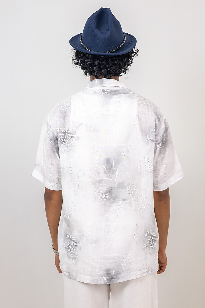 White Linen Tencel Eco Printed Handcrafted Summer Shirt by Raw & Rustic by Niti Bothra Men at Pernia's Pop Up Shop
