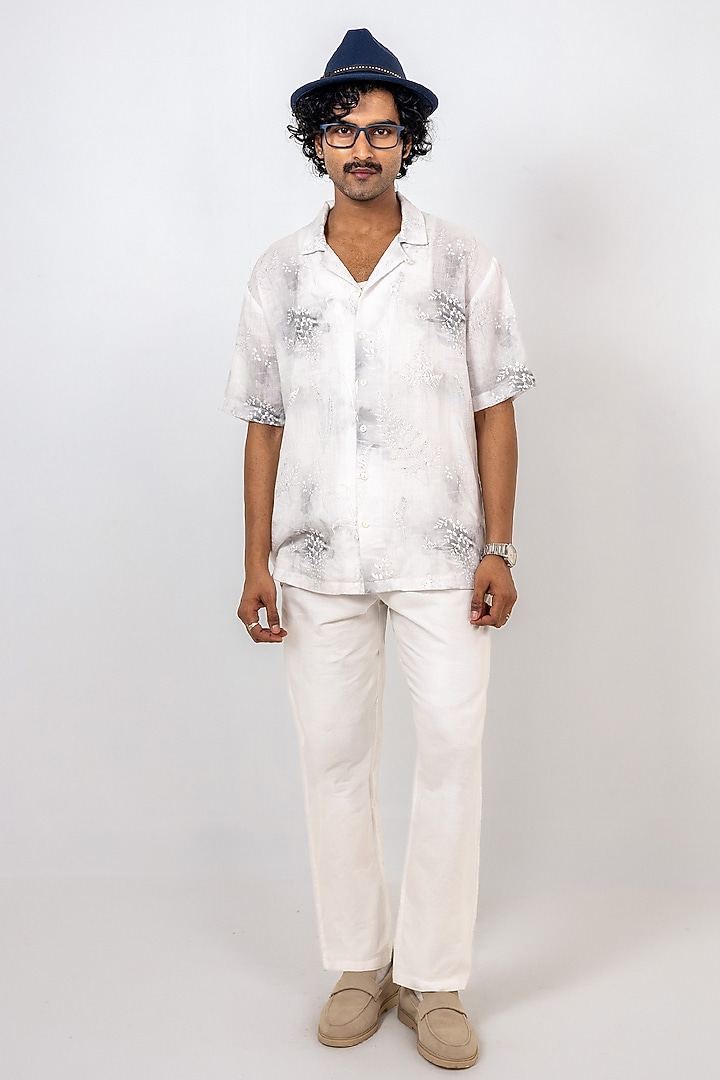 White Linen Tencel Eco Printed Handcrafted Summer Shirt by Raw & Rustic by Niti Bothra Men at Pernia's Pop Up Shop
