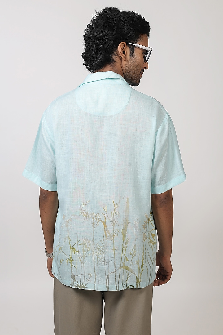 Sky Blue Linen Tencel Eco Printed Handcrafted Summer Shirt by Raw & Rustic by Niti Bothra Men at Pernia's Pop Up Shop