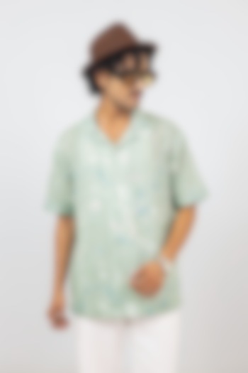 Mint Green Linen Tencel Eco Printed Handcrafted Summer Shirt by Raw & Rustic by Niti Bothra Men at Pernia's Pop Up Shop