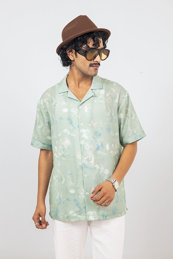 Mint Green Linen Tencel Eco Printed Handcrafted Summer Shirt by Raw & Rustic by Niti Bothra Men at Pernia's Pop Up Shop