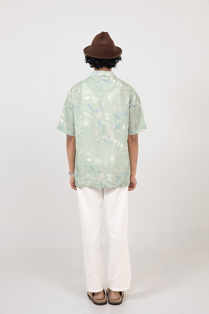 Mint Green Linen Tencel Eco Printed Handcrafted Summer Shirt by Raw & Rustic by Niti Bothra Men at Pernia's Pop Up Shop