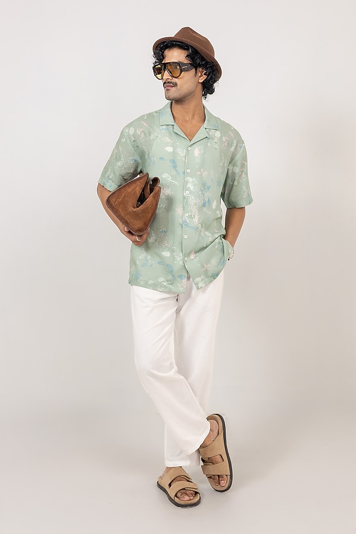 Mint Green Linen Tencel Eco Printed Handcrafted Summer Shirt by Raw & Rustic by Niti Bothra Men at Pernia's Pop Up Shop