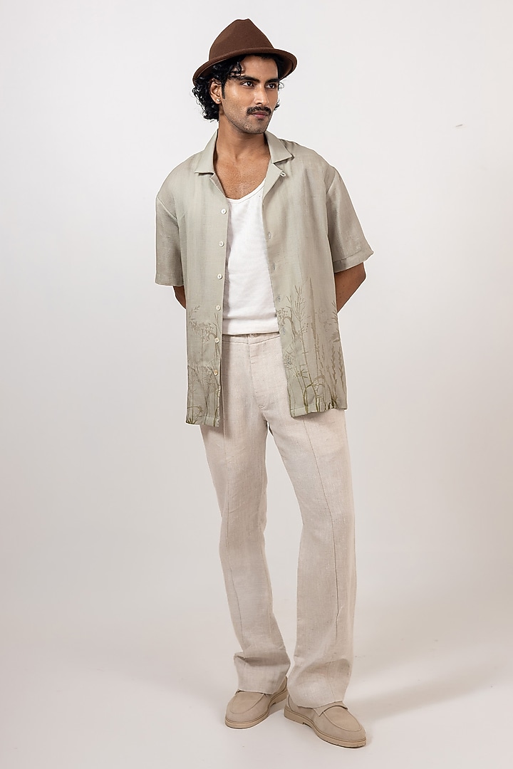 Grey Linen Tencel Eco Printed Handcrafted Summer Shirt by Raw & Rustic by Niti Bothra Men at Pernia's Pop Up Shop