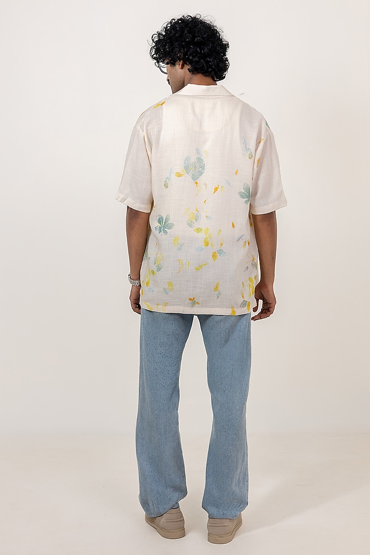 Ivory Linen Tencel Eco Printed Handcrafted Summer Shirt by Raw & Rustic by Niti Bothra Men at Pernia's Pop Up Shop