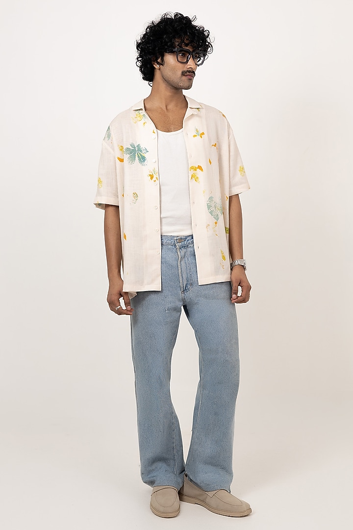 Ivory Linen Tencel Eco Printed Handcrafted Summer Shirt by Raw & Rustic by Niti Bothra Men at Pernia's Pop Up Shop