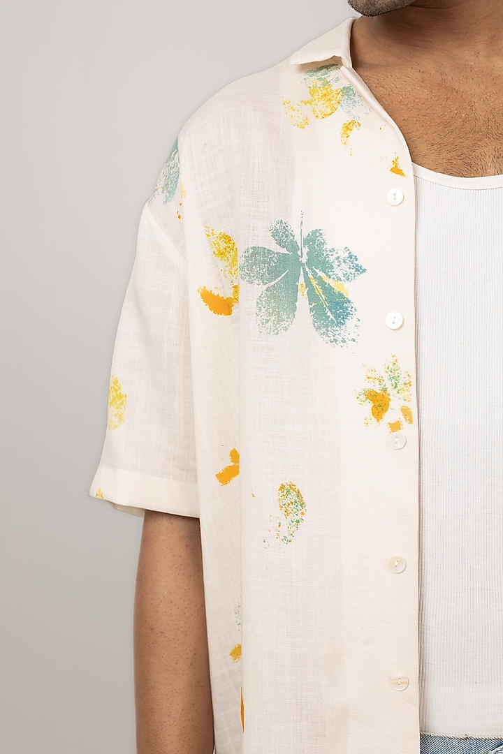 Ivory Linen Tencel Eco Printed Handcrafted Summer Shirt by Raw & Rustic by Niti Bothra Men at Pernia's Pop Up Shop