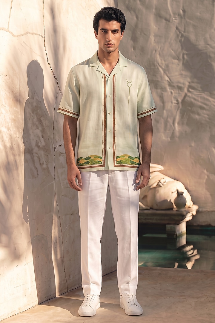 Green Linen Tencel Taurus Summer Shirt by Raw & Rustic by Niti Bothra Men at Pernia's Pop Up Shop