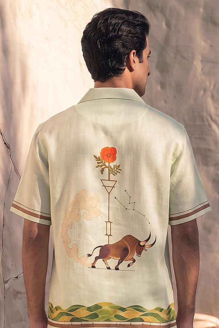 Green Linen Tencel Taurus Summer Shirt by Raw & Rustic by Niti Bothra Men at Pernia's Pop Up Shop