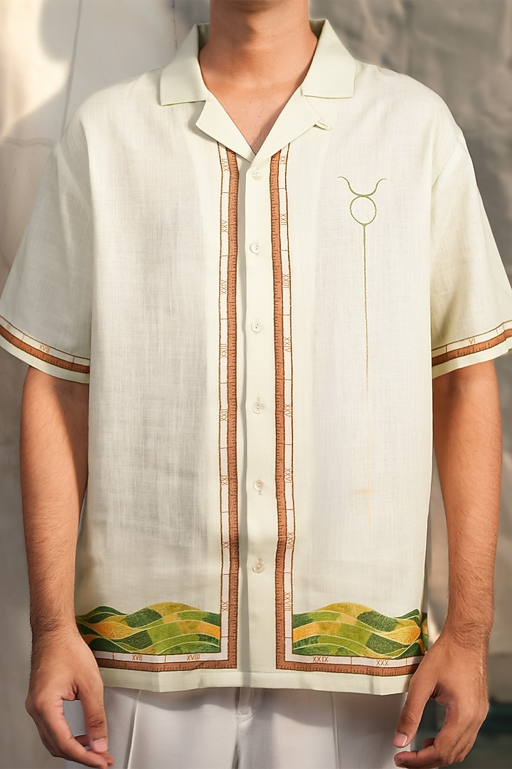 Green Linen Tencel Taurus Summer Shirt by Raw & Rustic by Niti Bothra Men at Pernia's Pop Up Shop