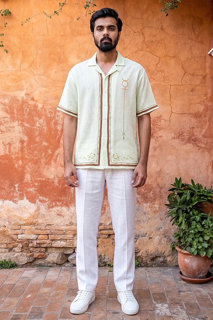 Green Linen Tencel Gemini Summer Shirt by Raw & Rustic by Niti Bothra Men at Pernia's Pop Up Shop