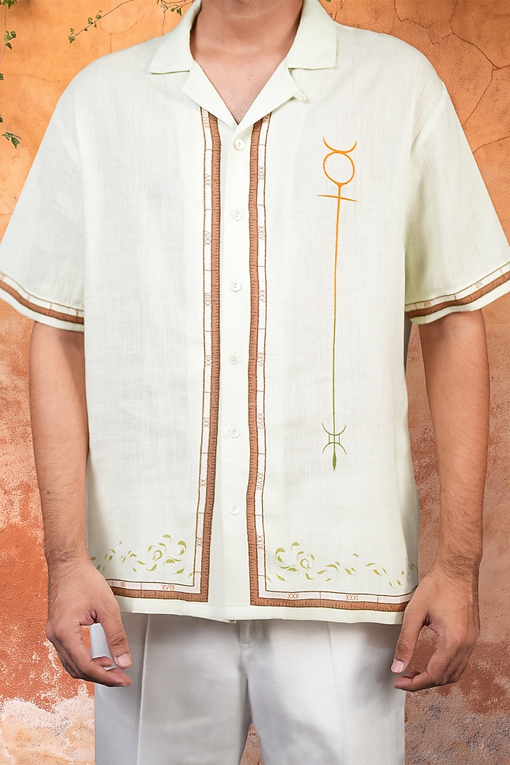 Green Linen Tencel Gemini Summer Shirt by Raw & Rustic by Niti Bothra Men at Pernia's Pop Up Shop