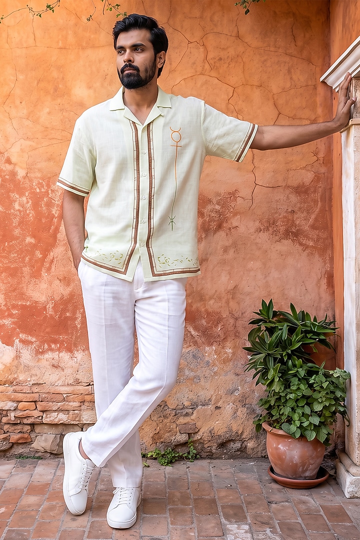 Green Linen Tencel Gemini Summer Shirt by Raw & Rustic by Niti Bothra Men at Pernia's Pop Up Shop