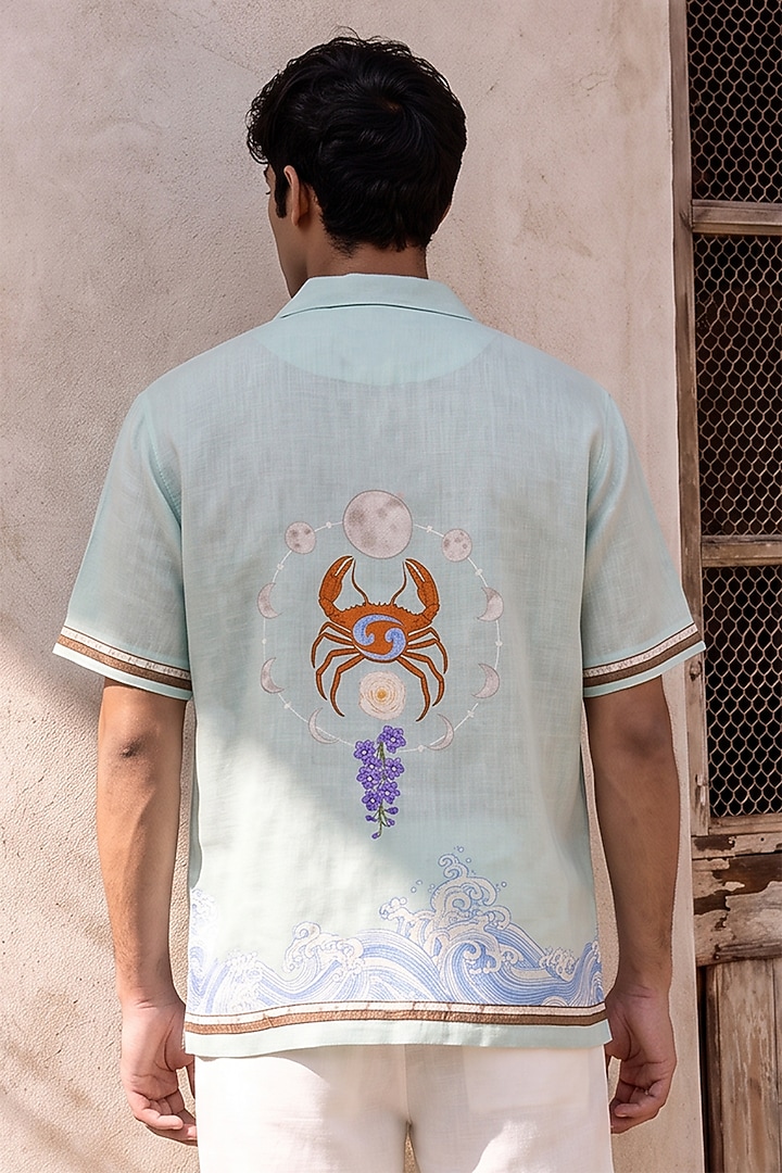 Green Linen Tencel Cancer Summer Shirt by Raw & Rustic by Niti Bothra Men at Pernia's Pop Up Shop