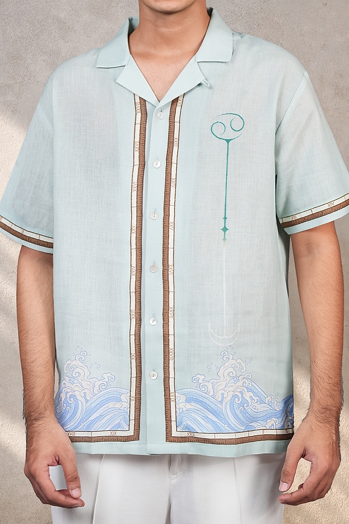 Green Linen Tencel Cancer Summer Shirt by Raw & Rustic by Niti Bothra Men at Pernia's Pop Up Shop