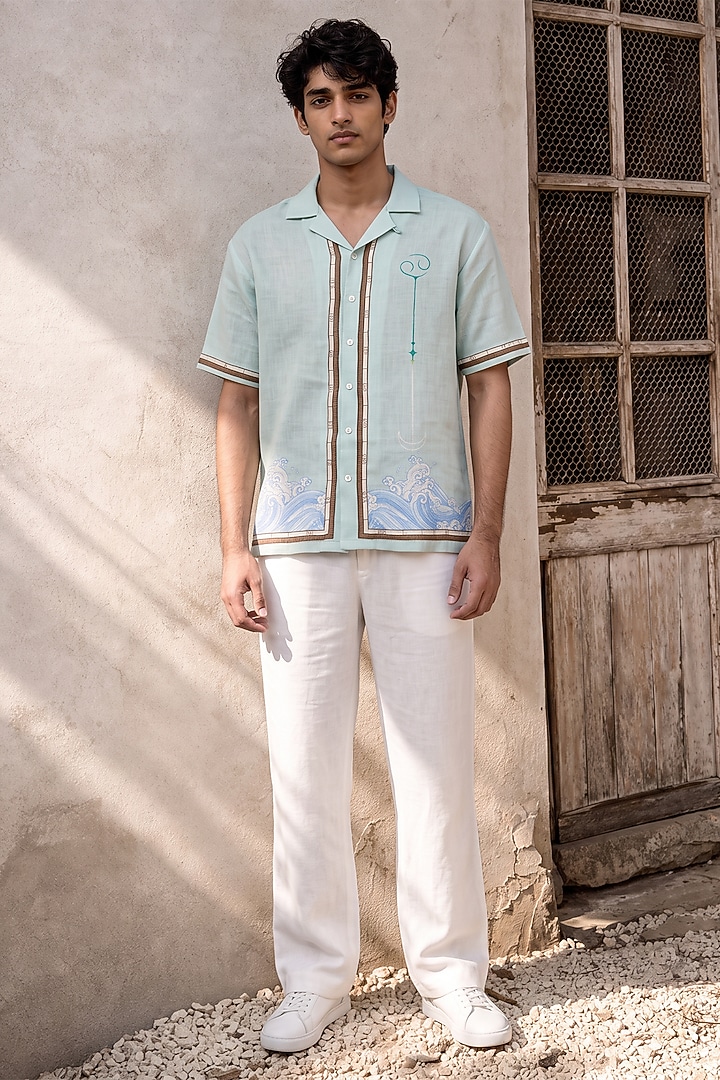 Green Linen Tencel Cancer Summer Shirt by Raw & Rustic by Niti Bothra Men at Pernia's Pop Up Shop
