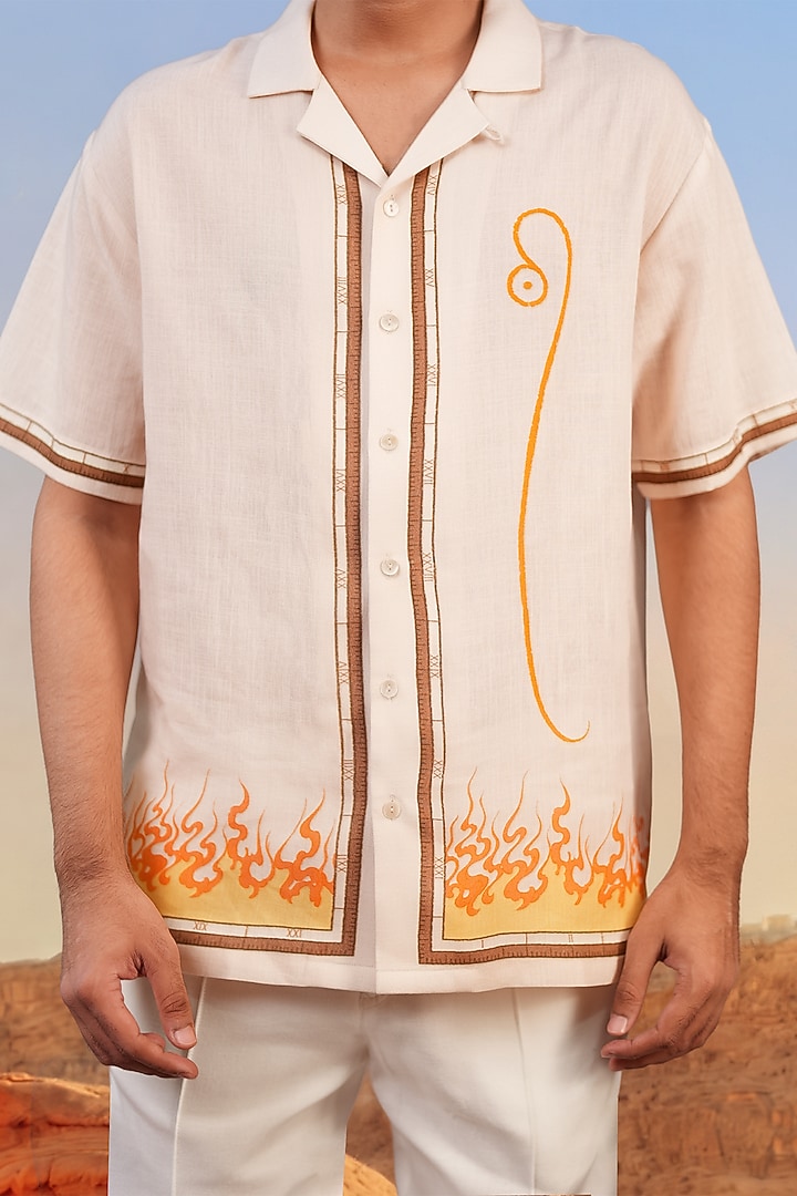 Cream Linen Tencel Leo Summer Shirt by Raw & Rustic by Niti Bothra Men at Pernia's Pop Up Shop