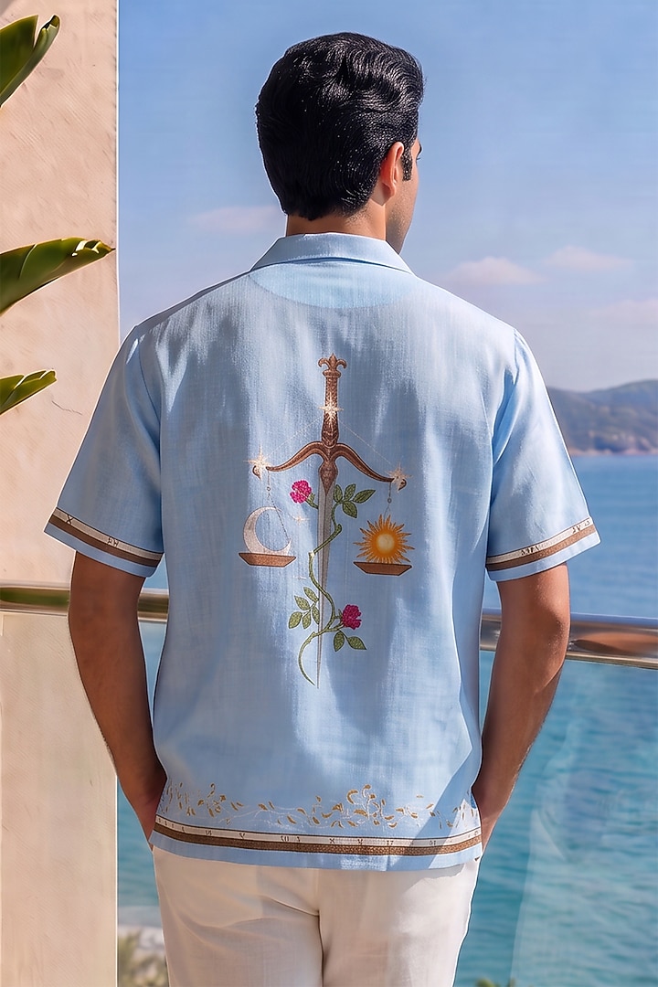 Blue Linen Tencel Libra Summer Shirt by Raw & Rustic by Niti Bothra Men at Pernia's Pop Up Shop