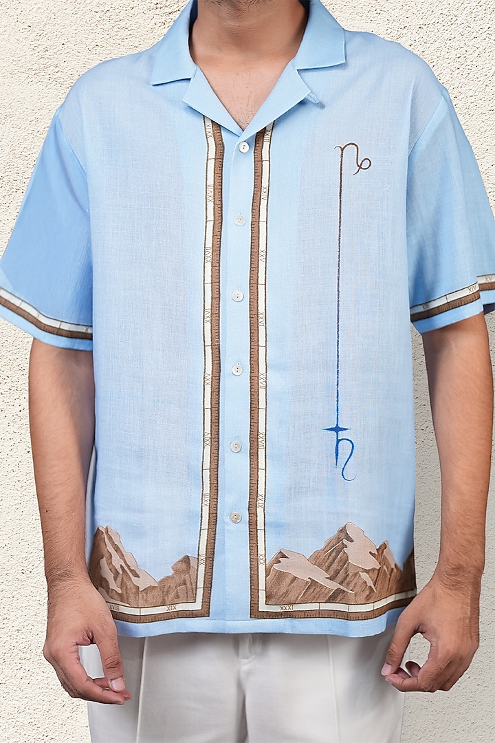 Blue Linen Tencel Libra Summer Shirt by Raw & Rustic by Niti Bothra Men at Pernia's Pop Up Shop