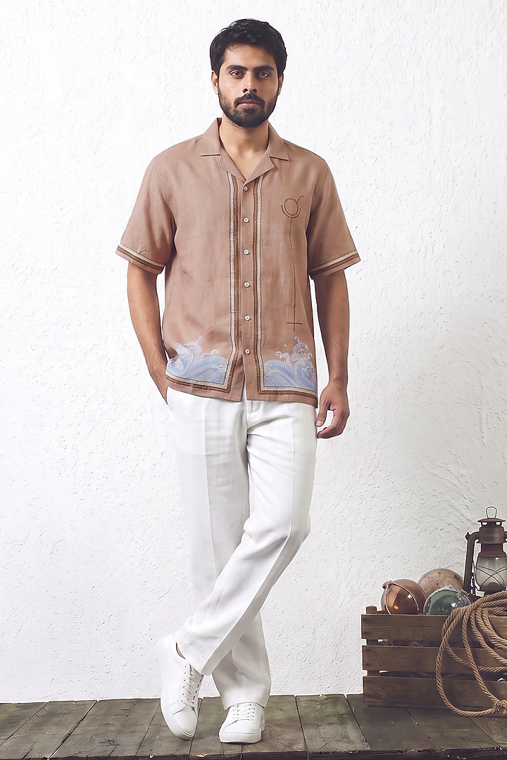 Brown Linen Tencel Scorpio Summer Shirt by Raw & Rustic by Niti Bothra Men at Pernia's Pop Up Shop