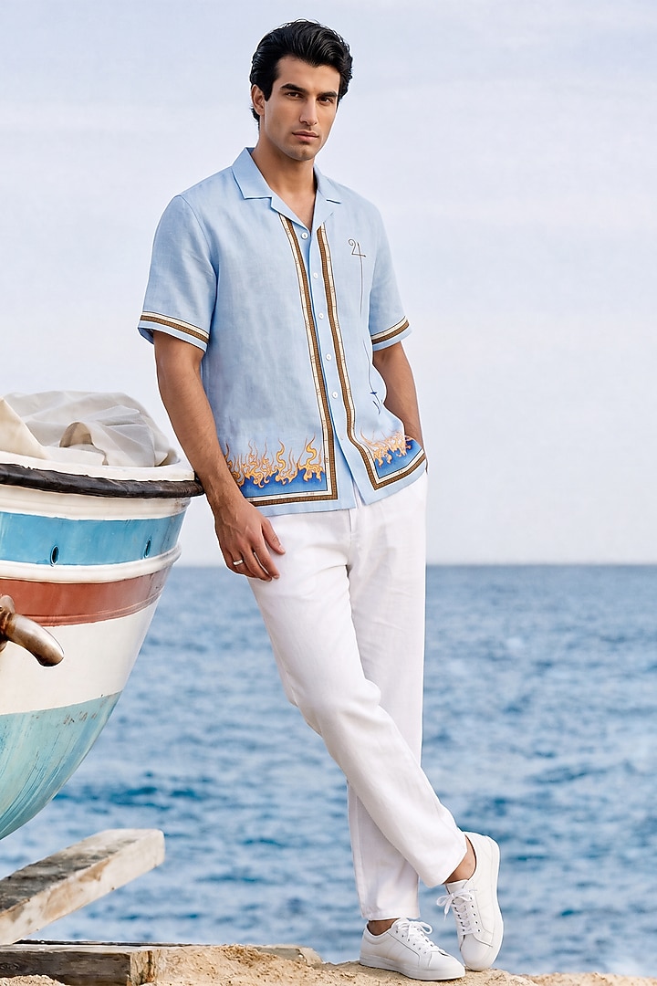 Blue Linen Tencel Sagittarius Summer Shirt by Raw & Rustic by Niti Bothra Men at Pernia's Pop Up Shop