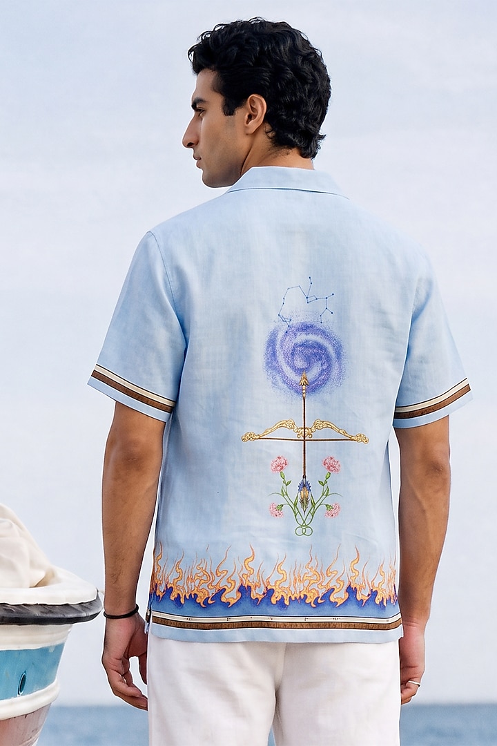 Blue Linen Tencel Sagittarius Summer Shirt by Raw & Rustic by Niti Bothra Men at Pernia's Pop Up Shop